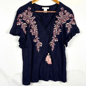 Christian Siriano Women's Tie Front T-Shirt‎ Blouse Top Sz S Embroidered Casual